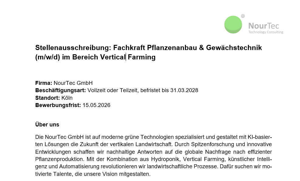 Stellenausschreibung - Fachkraft für Pflanzenanbau und Gewächstechnik - 2026-05-04