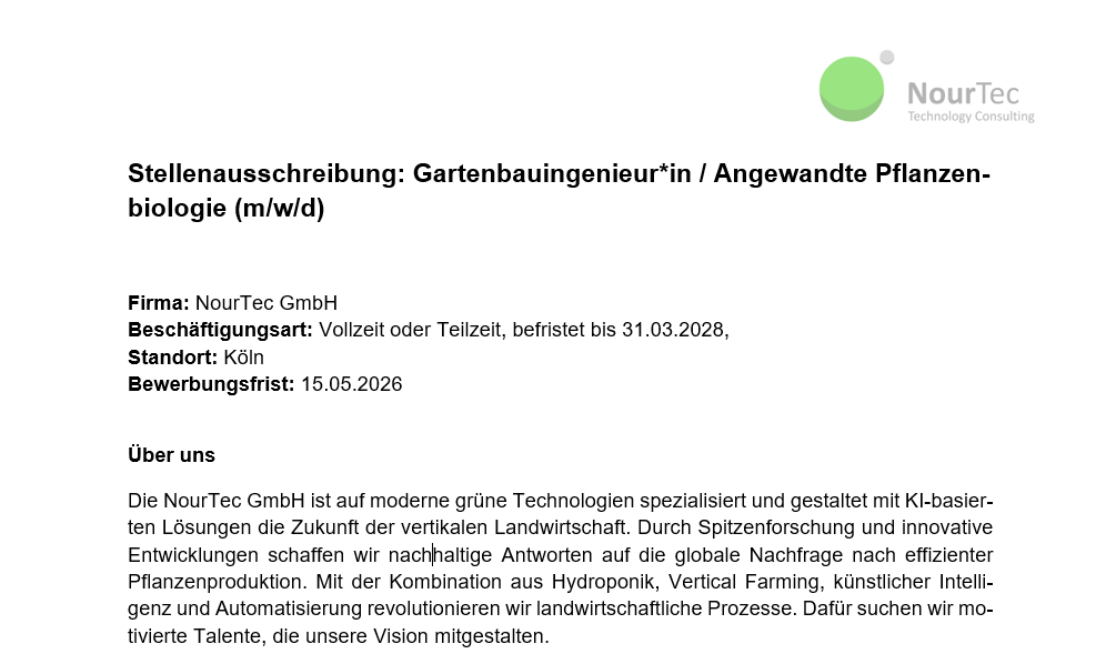 Stellenausschreibung - Gartenbauingenieur, angewandte Pflanzenbiologie - 2026-05-04